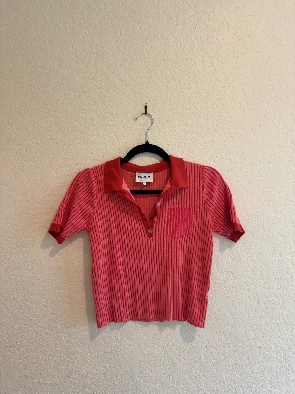 FRNCH Coral-Pink Ribbed Polo Crop Top